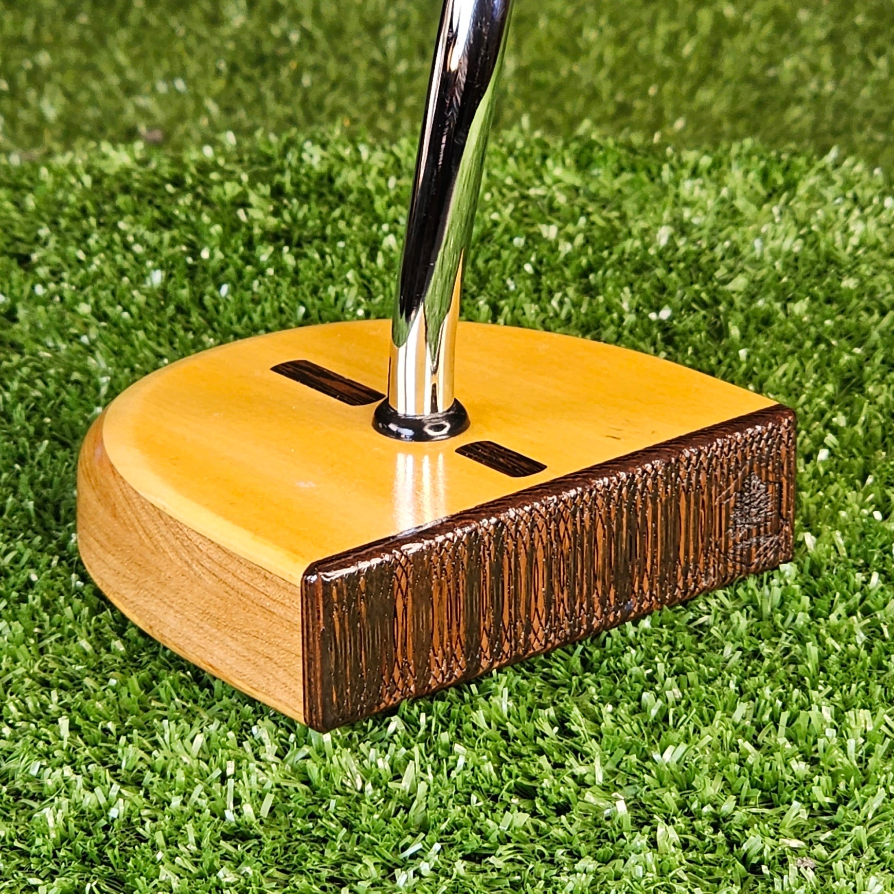 Yellowheart and Red Oak exotic wood putter Zero Torque style with center shaft