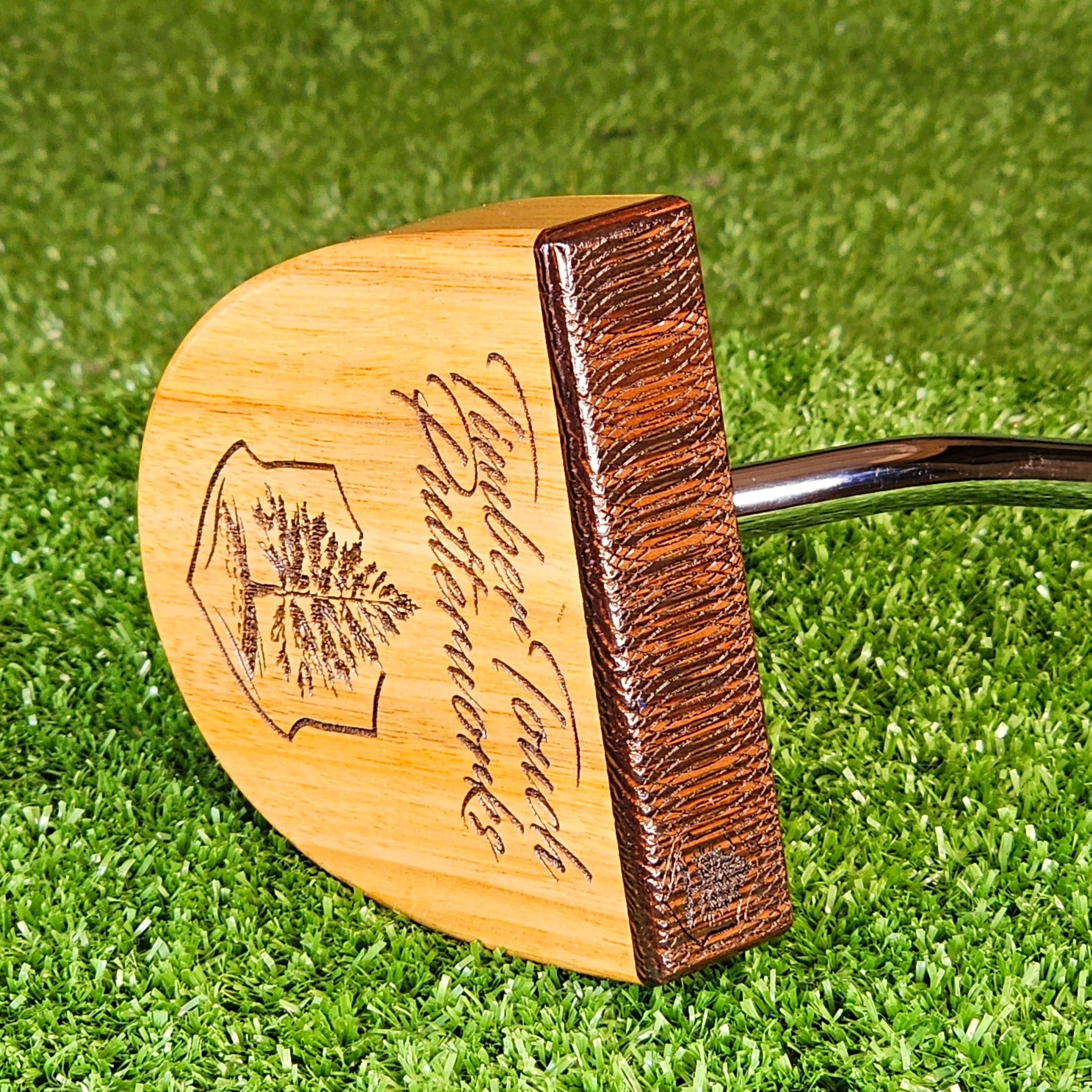 Yellowheart and Red Oak exotic wood putter Zero Torque style with center shaft