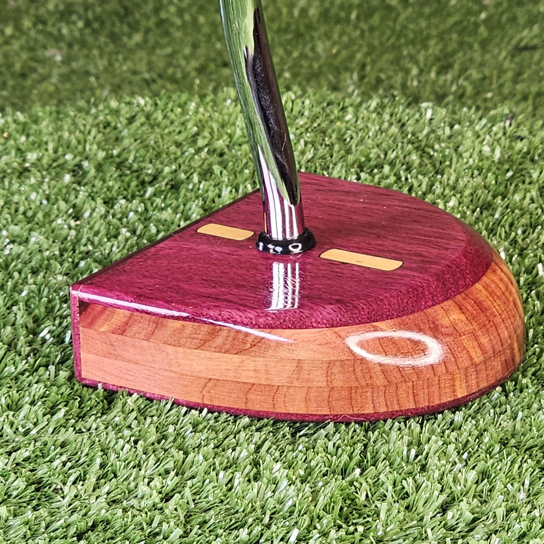 Purpleheart exotic wood putter Zero Torque style with center shaft