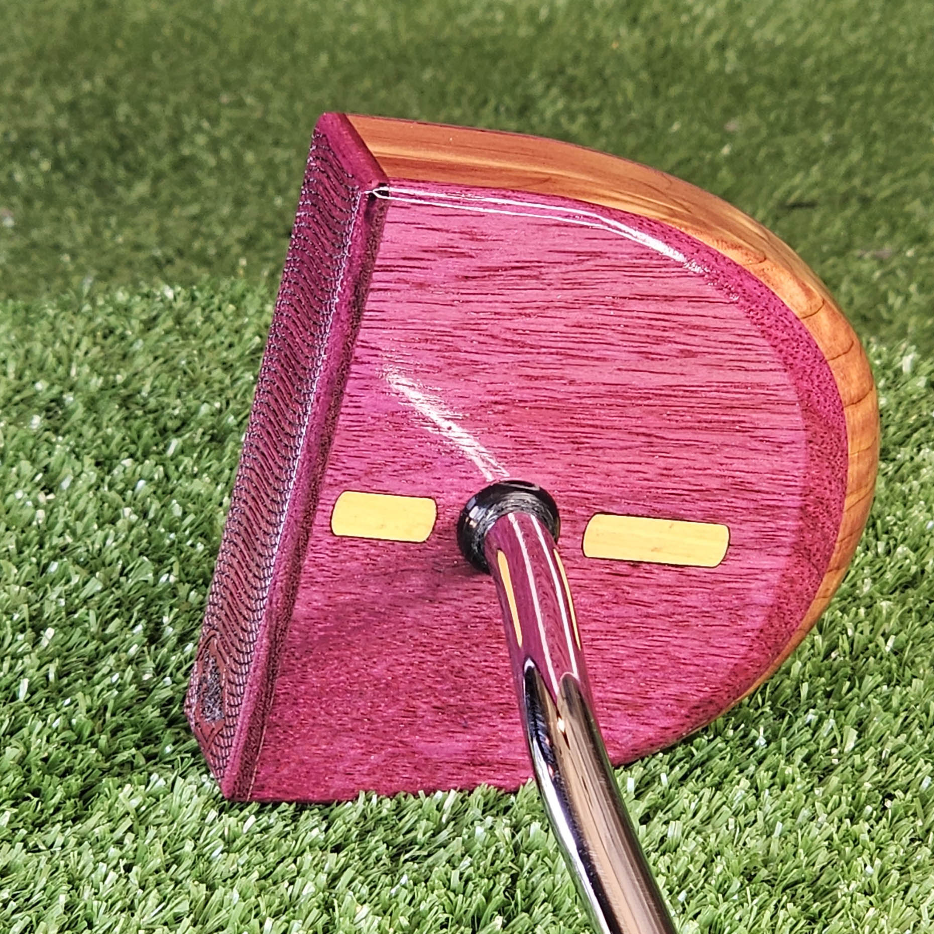 Purpleheart exotic wood putter Zero Torque style with center shaft