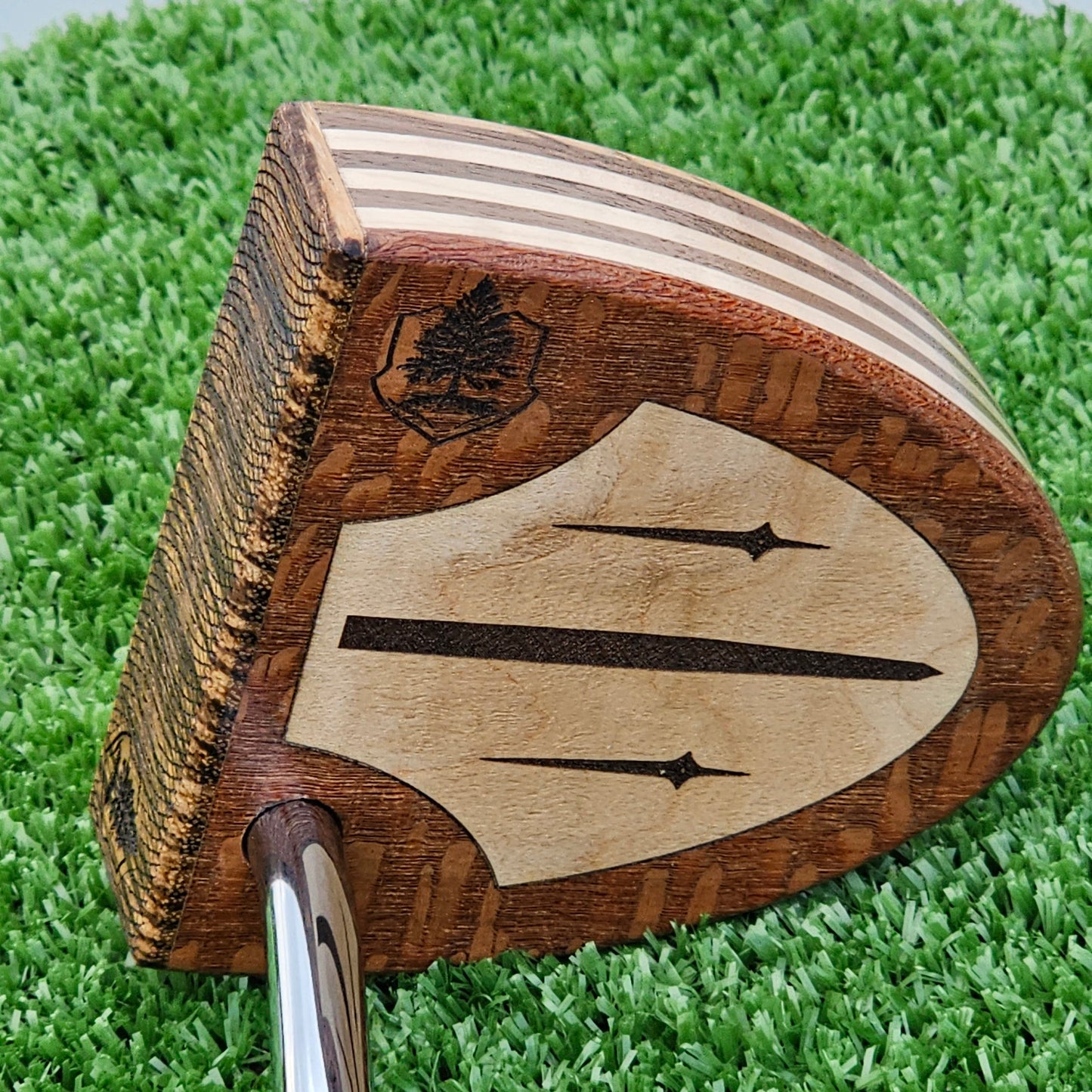 Lacewood and Zebrawood Woodford putter with olivewood inlay