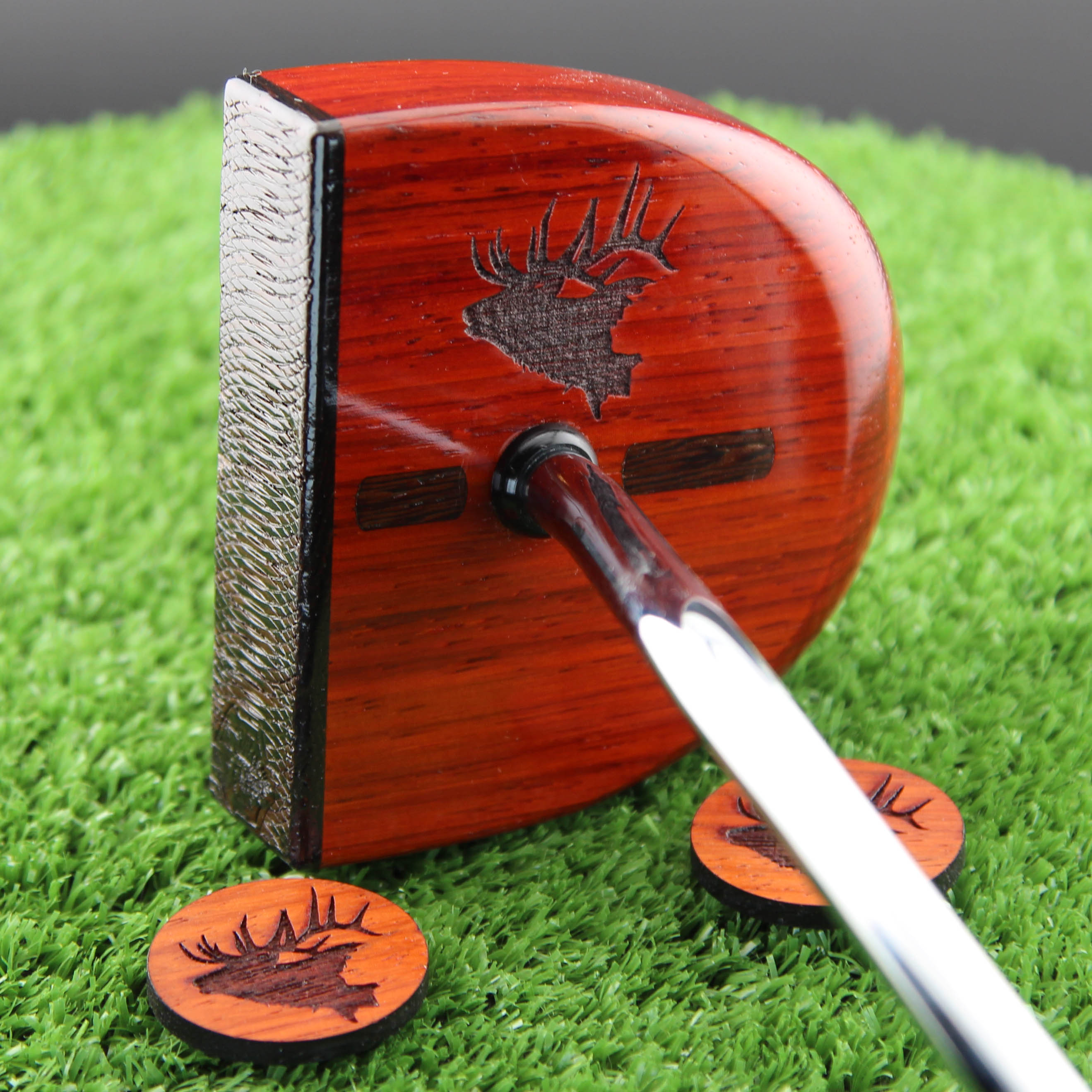 Custom elk artwork engraved on a TimberTouch exotic wood putter