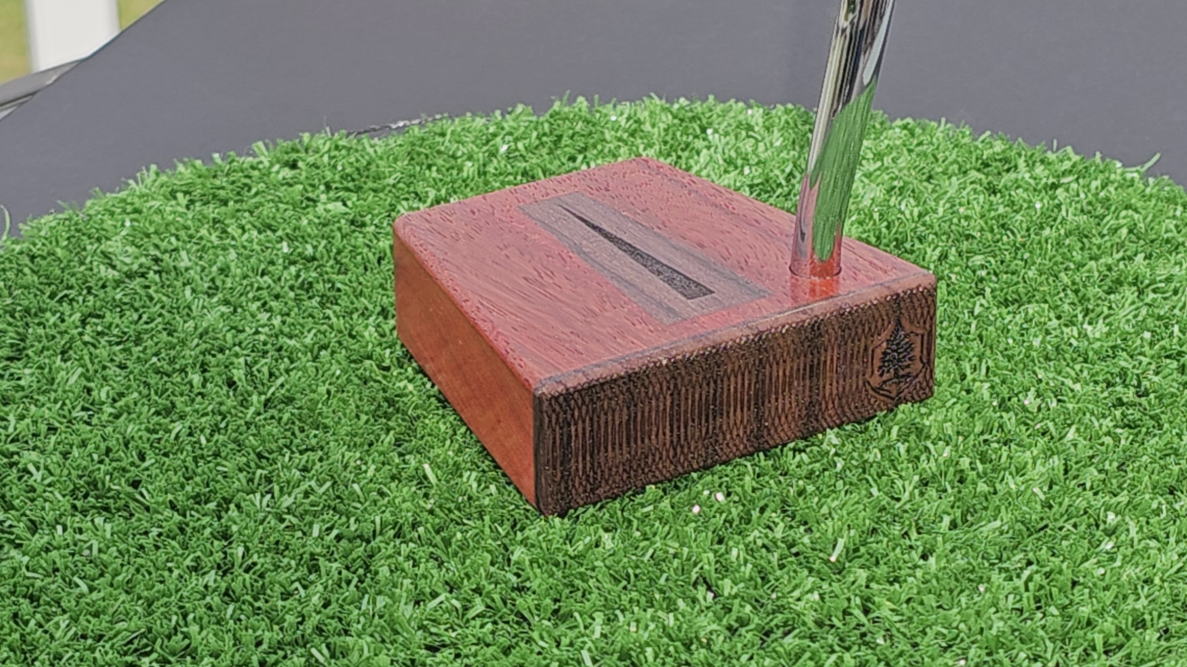 Bloodwood putter with Bubinga faceplate and inlay - Timberwolf style wood putter