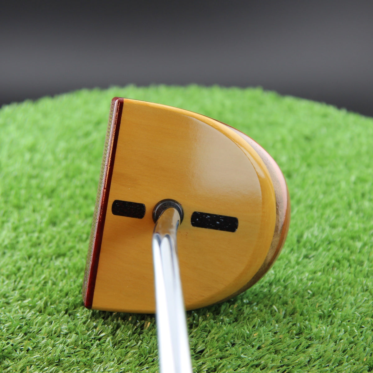 TimberTouch Amarillo Putter FATTY wood putter, Yellowheart and Padauk, zero torque center shaft – back view