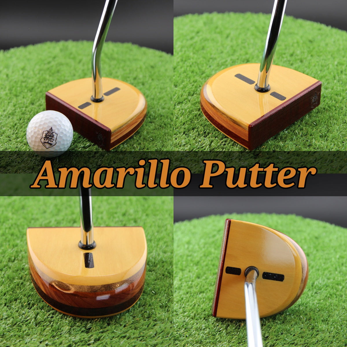 TimberTouch Amarillo Putter FATTY wood putter, Yellowheart and Padauk, zero torque center shaft – product collage with name