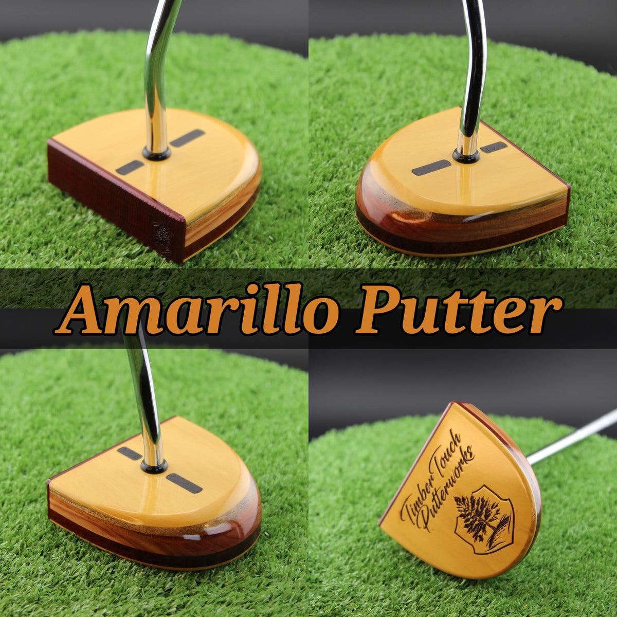 TimberTouch Amarillo Putter FATTY wood putter, Yellowheart and Padauk, zero torque center shaft – product collage with name