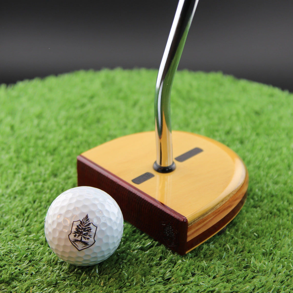 TimberTouch Amarillo Putter FATTY wood putter, Yellowheart and Padauk, zero torque center shaft – face view with golf ball