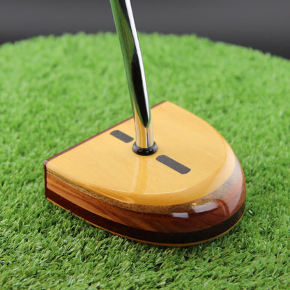 TimberTouch Amarillo Putter FATTY wood putter, Yellowheart and Padauk, zero torque center shaft – sole and toe angle view