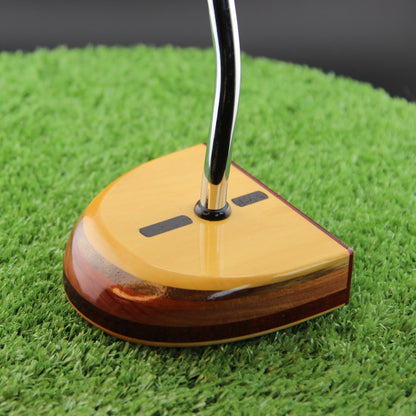 TimberTouch Amarillo Putter FATTY wood putter, Yellowheart and Padauk, zero torque center shaft – toe and heel angle view