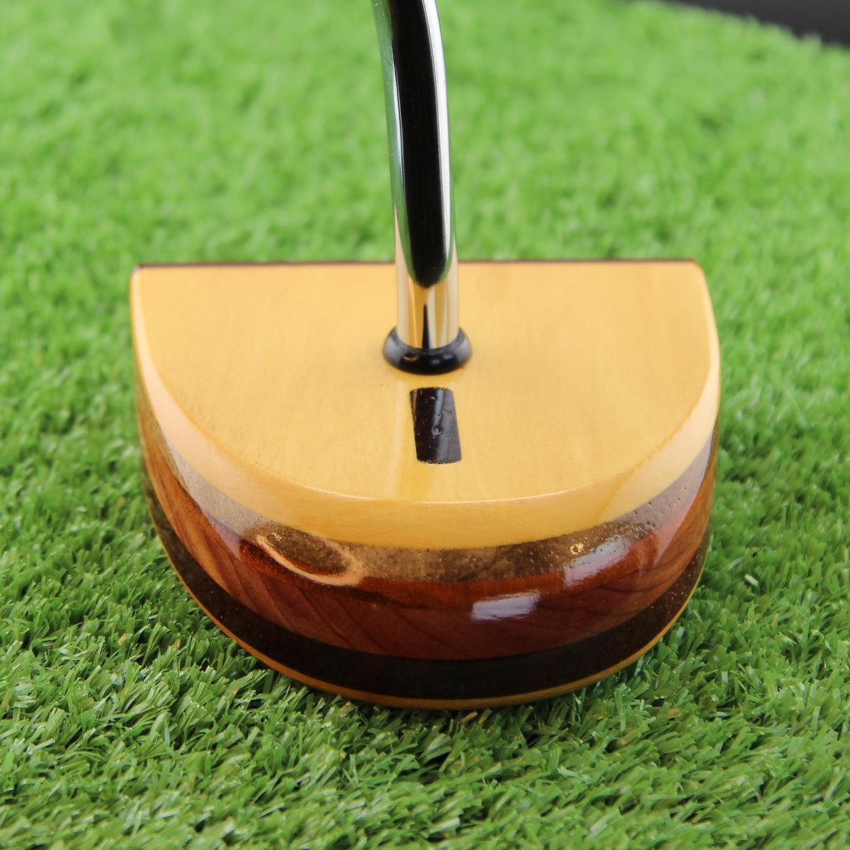 TimberTouch Amarillo Putter FATTY wood putter, Yellowheart and Padauk, zero torque center shaft – toe view