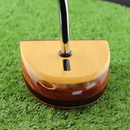 TimberTouch Amarillo Putter FATTY wood putter, Yellowheart and Padauk, zero torque center shaft – toe view