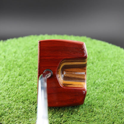TimberTouch Bandolier Putter Woodrich Regal wood putter, Padauk and Zebrawood, zero torque center shaft – back view
