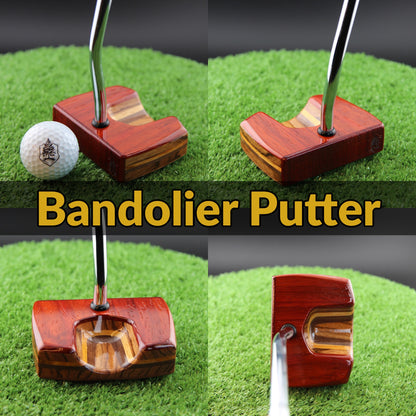 TimberTouch Bandolier Putter Woodrich Regal wood putter, Padauk and Zebrawood, zero torque center shaft – product collage with name