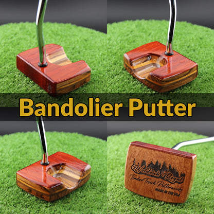 TimberTouch Bandolier Putter Woodrich Regal wood putter, Padauk and Zebrawood, zero torque center shaft – product collage with name