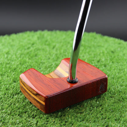 TimberTouch Bandolier Putter Woodrich Regal wood putter, Padauk and Zebrawood, zero torque center shaft – heel view