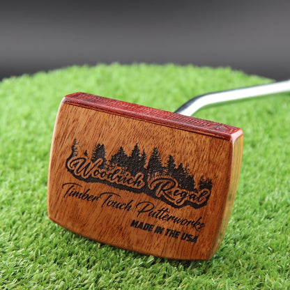 TimberTouch Bandolier Putter Woodrich Regal wood putter, Padauk and Zebrawood, zero torque center shaft – sole with brand engraving