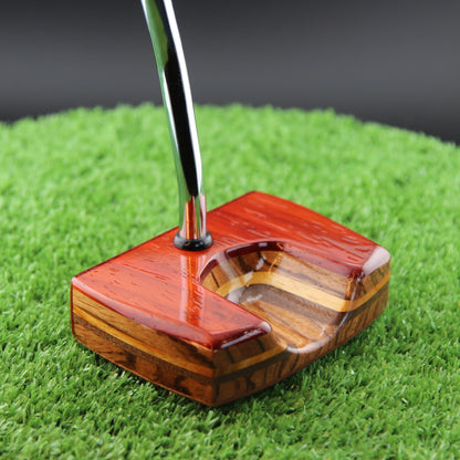 TimberTouch Bandolier Putter Woodrich Regal wood putter, Padauk and Zebrawood, zero torque center shaft – sole and toe angle view