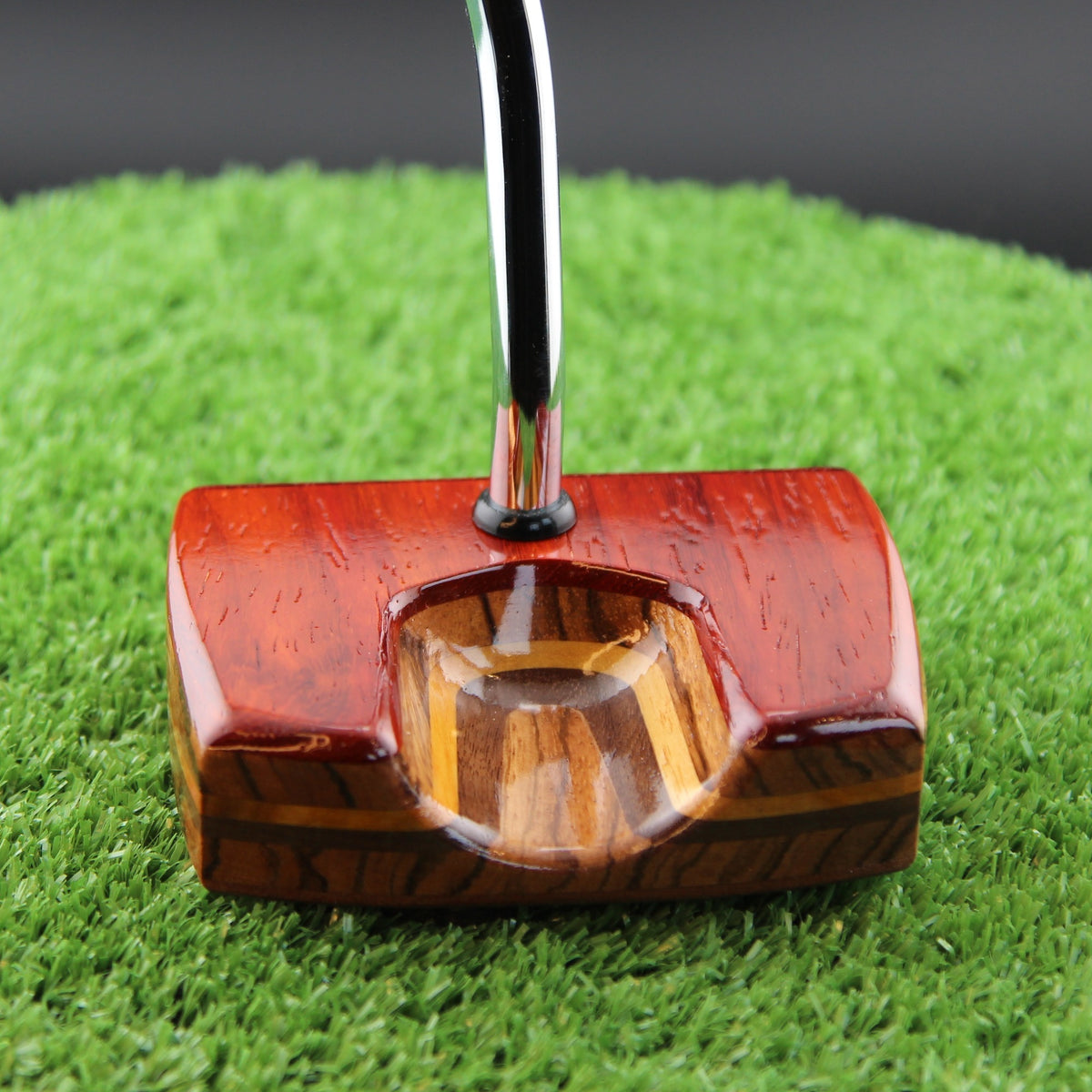 TimberTouch Bandolier Putter Woodrich Regal wood putter, Padauk and Zebrawood, zero torque center shaft – toe view
