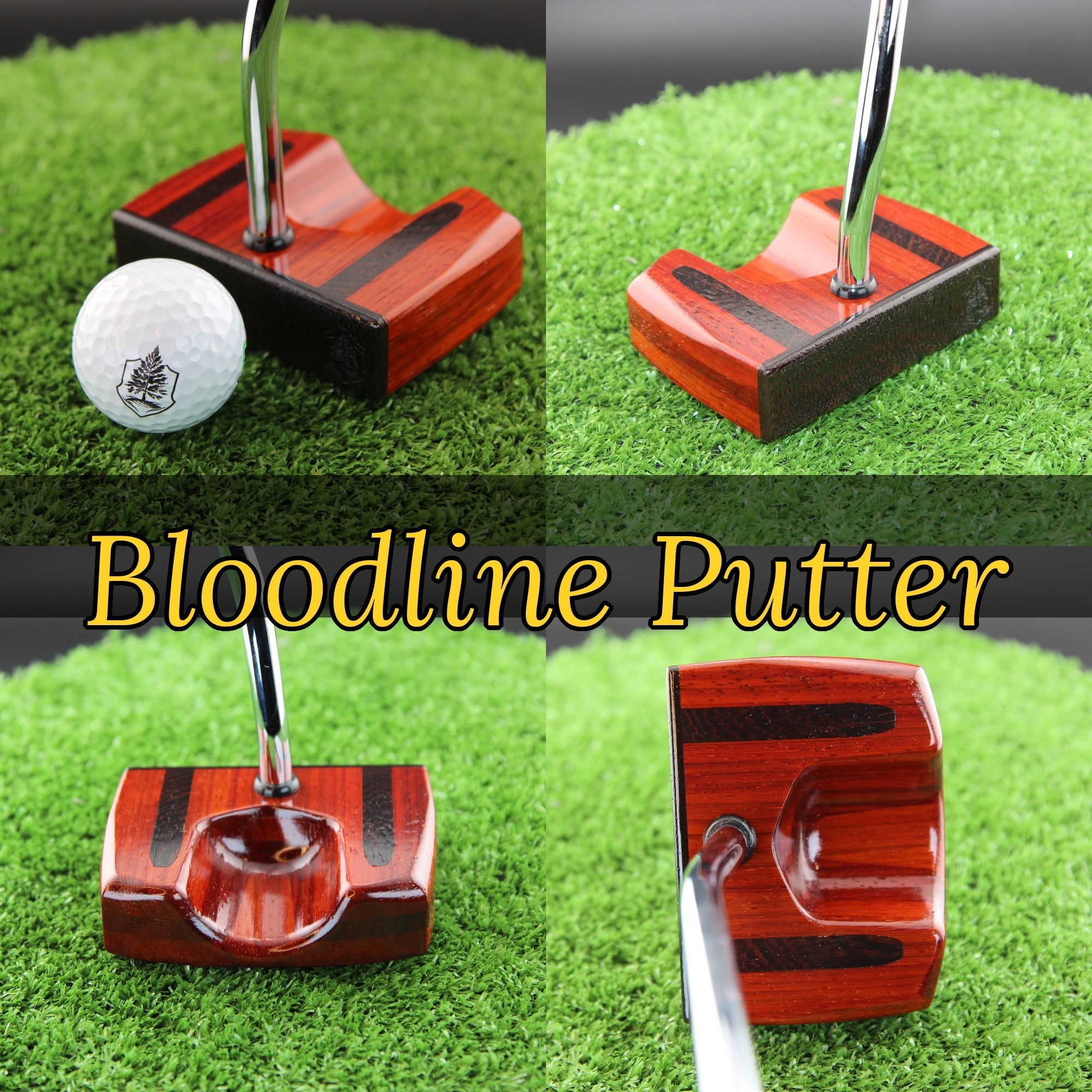 TimberTouch Bloodline blade wood putter with Padauk, Wenge and Bloodwood center shaft zero torque – product collage with name
