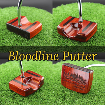 TimberTouch Bloodline blade wood putter with Padauk, Wenge and Bloodwood center shaft zero torque – product collage with name