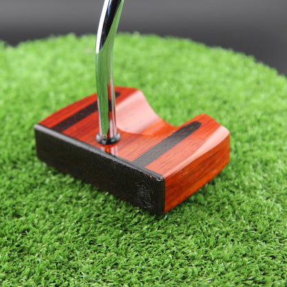 TimberTouch Bloodline blade wood putter with Padauk, Wenge and Bloodwood center shaft zero torque – face and heel angle view