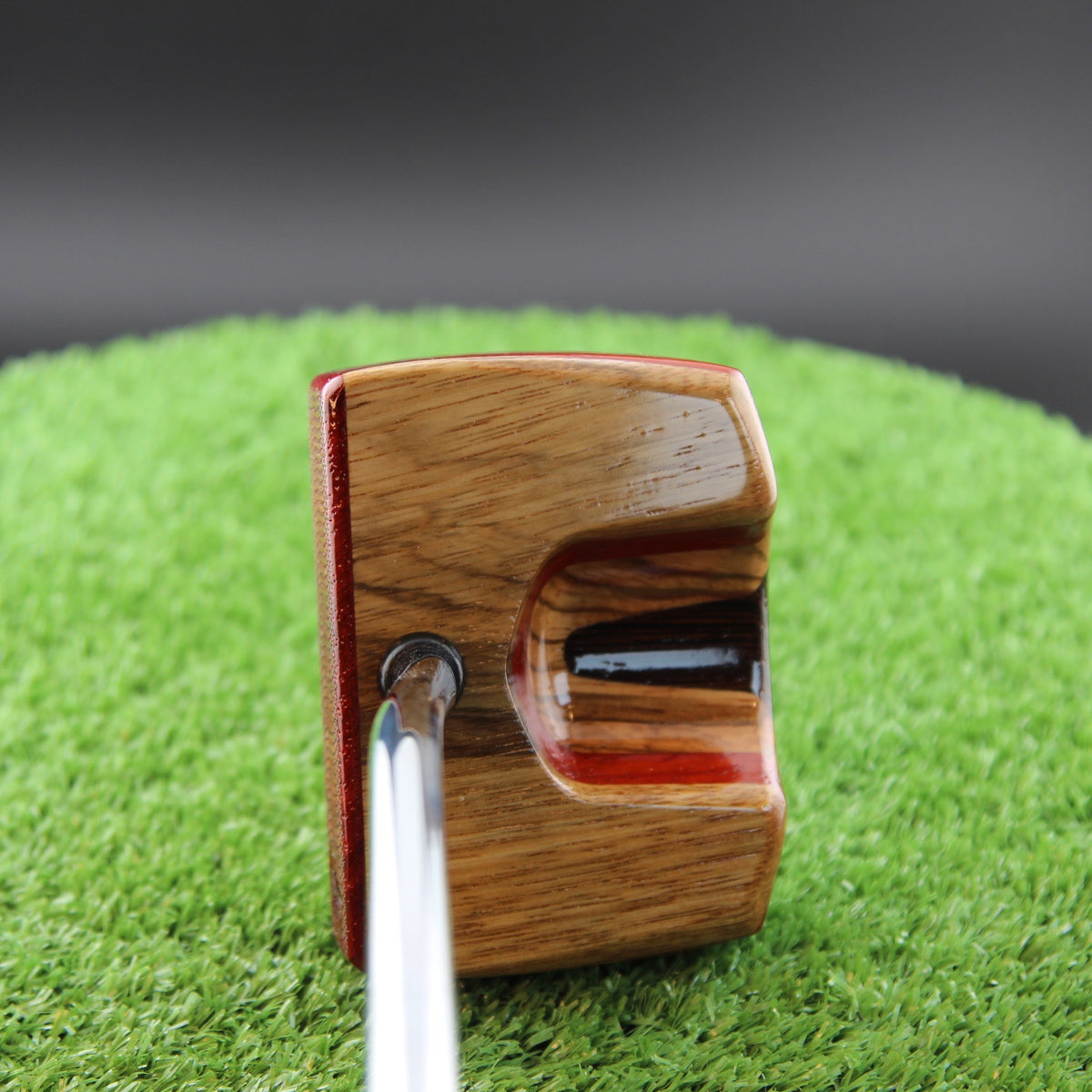 TimberTouch Korina Putter Woodrich Regal wood putter, White Limba and Padauk, zero torque center shaft – back view