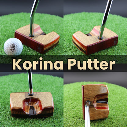 TimberTouch Korina Putter Woodrich Regal wood putter, White Limba and Padauk, zero torque center shaft – product collage with name