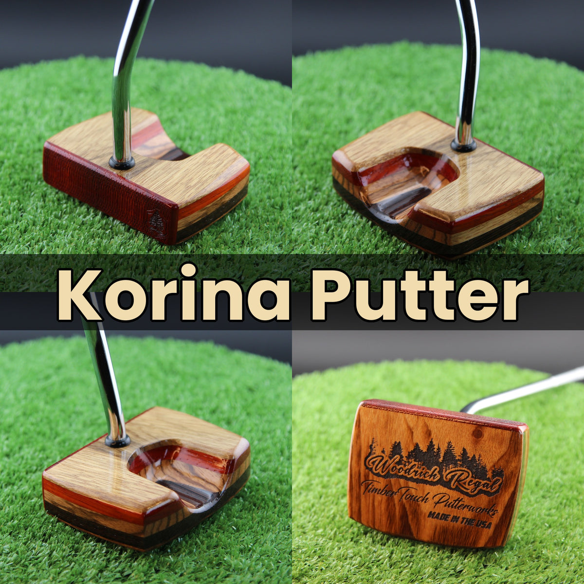 TimberTouch Korina Putter Woodrich Regal wood putter, White Limba and Padauk, zero torque center shaft – product collage with name