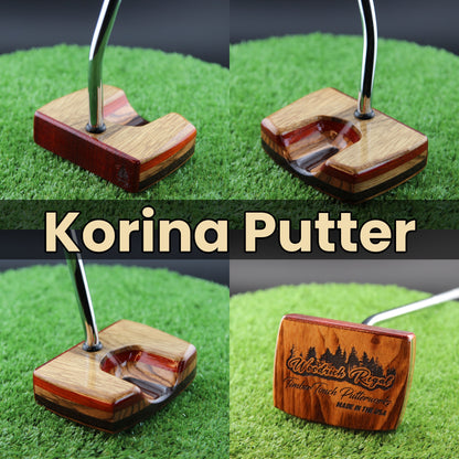 TimberTouch Korina Putter Woodrich Regal wood putter, White Limba and Padauk, zero torque center shaft – product collage with name