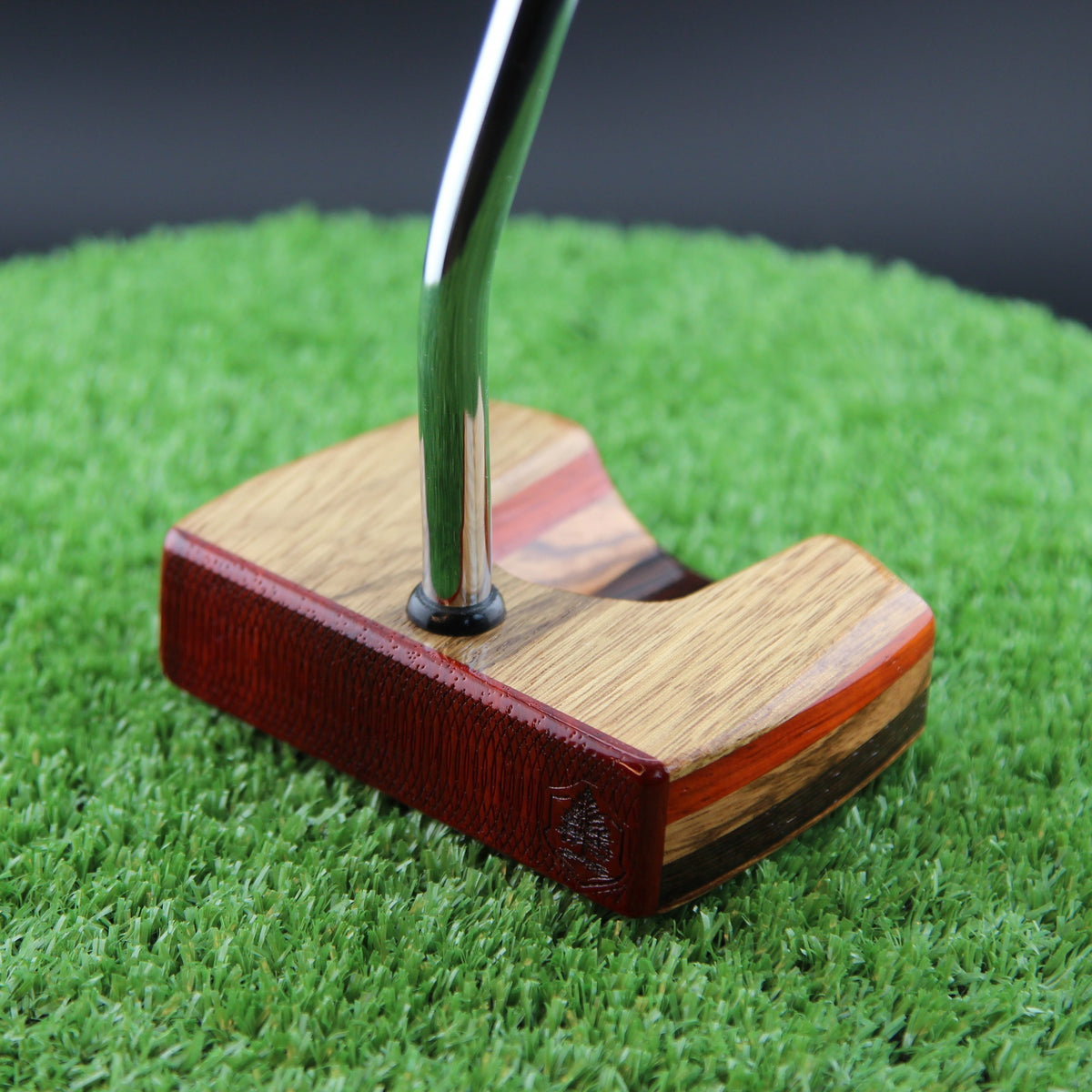 TimberTouch Korina Putter Woodrich Regal wood putter, White Limba and Padauk, zero torque center shaft – face and heel angle view