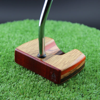 TimberTouch Korina Putter Woodrich Regal wood putter, White Limba and Padauk, zero torque center shaft – face and heel angle view