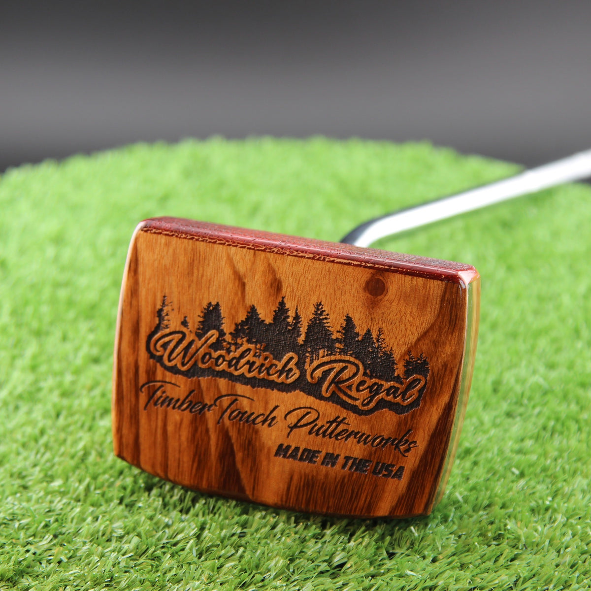 TimberTouch Korina Putter Woodrich Regal wood putter, White Limba and Padauk, zero torque center shaft – sole with brand engraving