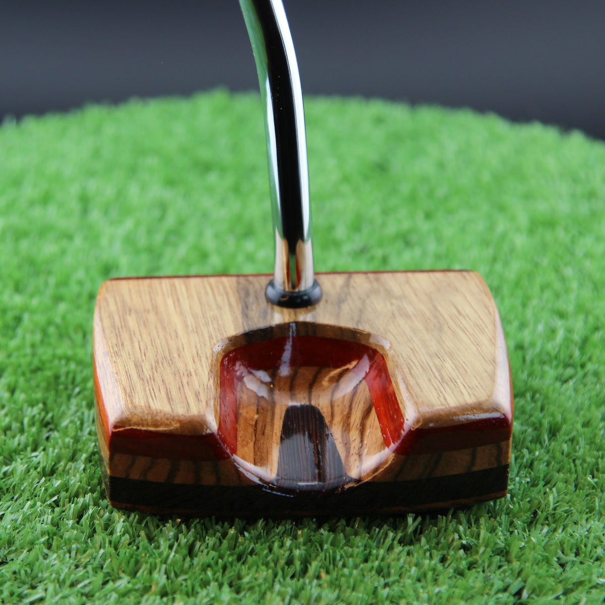 TimberTouch Korina Putter Woodrich Regal wood putter, White Limba and Padauk, zero torque center shaft – toe view