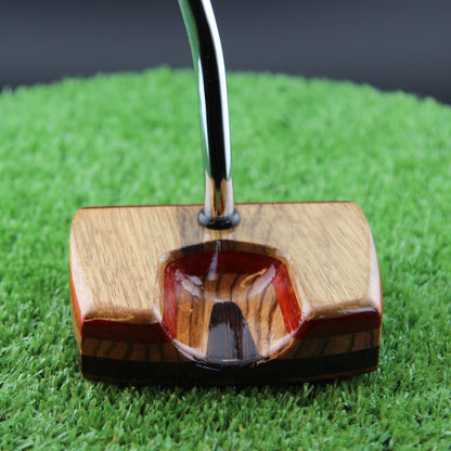 TimberTouch Korina Putter Woodrich Regal wood putter, White Limba and Padauk, zero torque center shaft – toe view