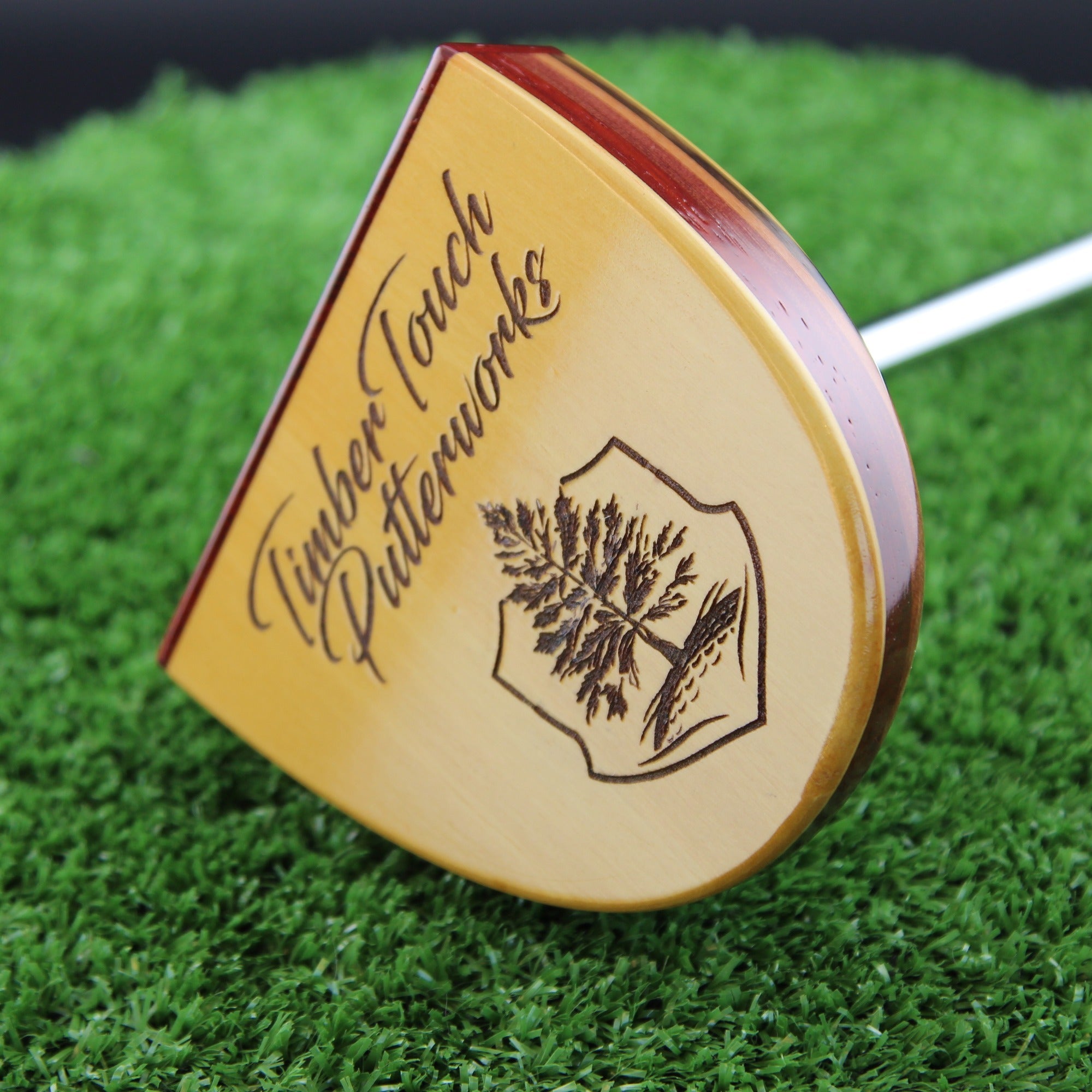 TimberTouch FATTY mallet wood putter with Yellowheart, Canarywood and Padauk center shaft zero torque – back view