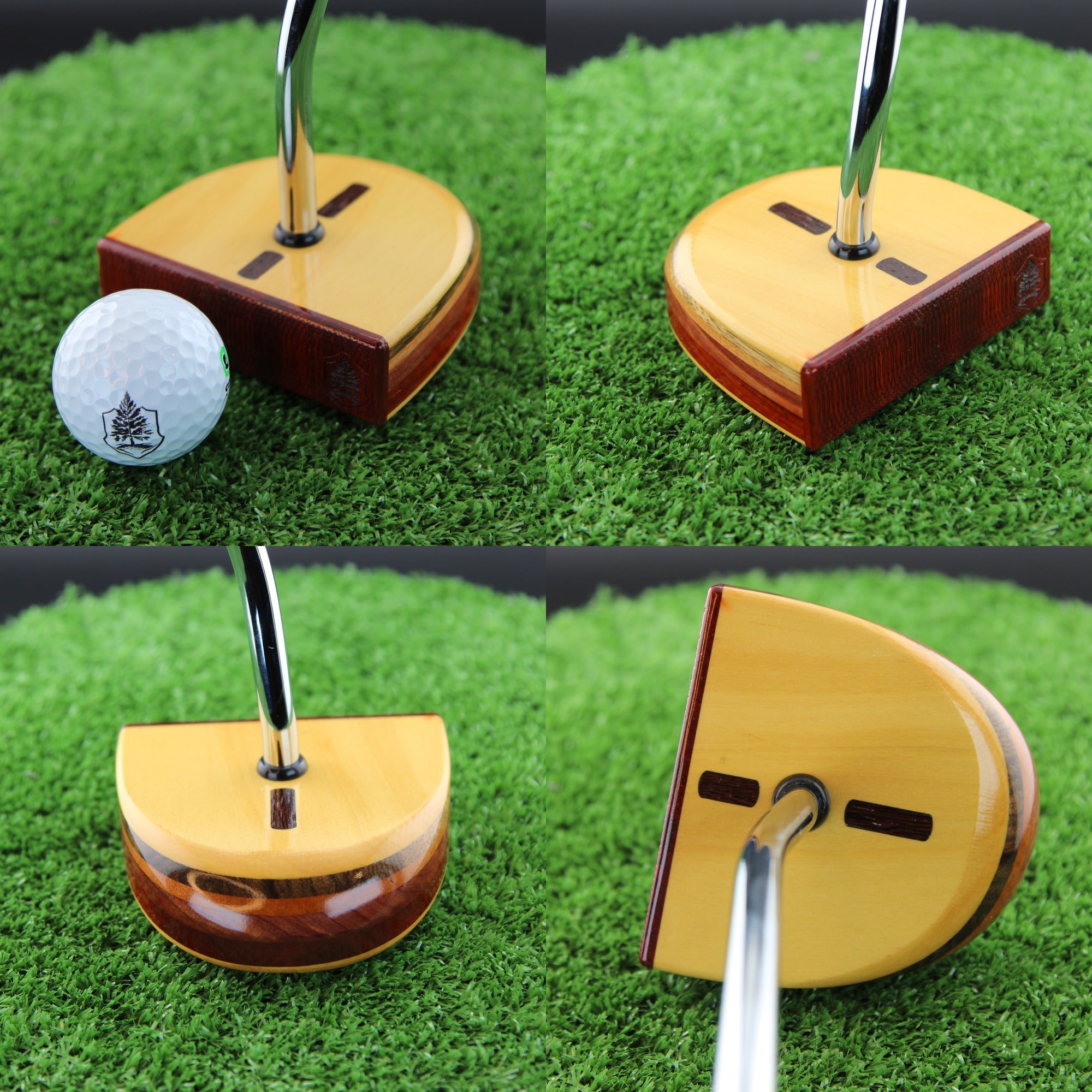TimberTouch FATTY mallet wood putter with Yellowheart, Canarywood and Padauk center shaft zero torque – product collage