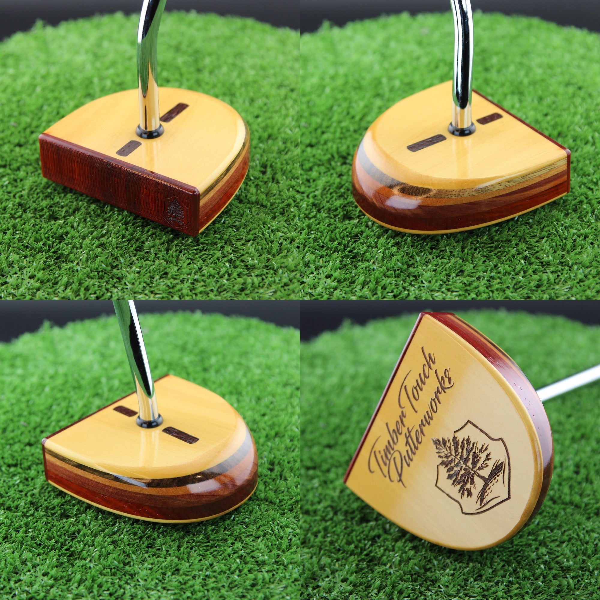 TimberTouch FATTY mallet wood putter with Yellowheart, Canarywood and Padauk center shaft zero torque – product collage