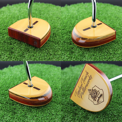 TimberTouch FATTY mallet wood putter with Yellowheart, Canarywood and Padauk center shaft zero torque – product collage