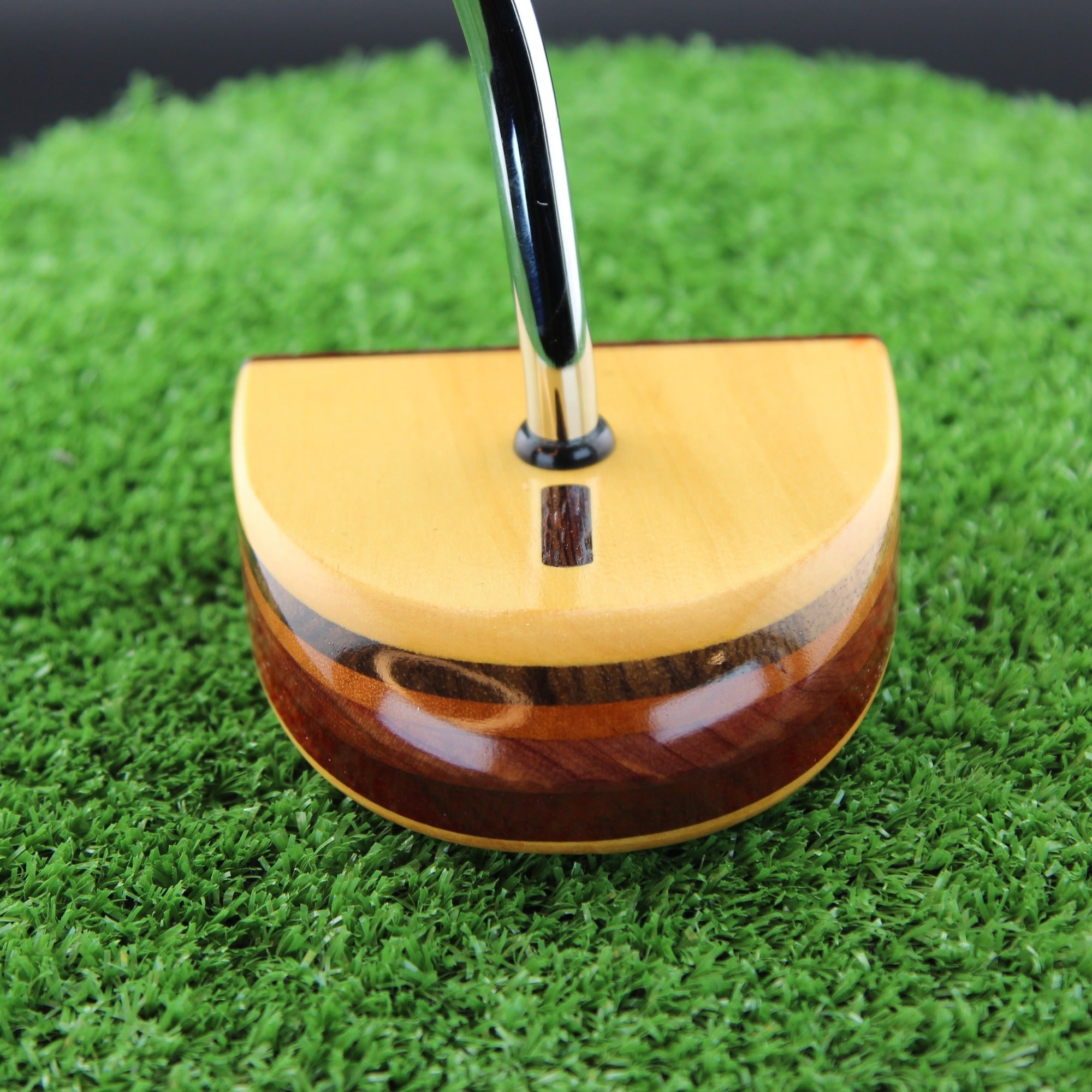TimberTouch FATTY mallet wood putter with Yellowheart, Canarywood and Padauk center shaft zero torque – toe view