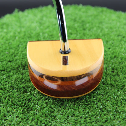TimberTouch FATTY mallet wood putter with Yellowheart, Canarywood and Padauk center shaft zero torque – toe view