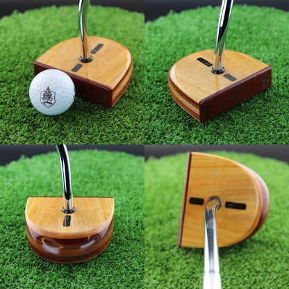 TimberTouch FATTY mallet wood putter with Canarywood, Mahogany and Padauk center shaft zero torque – product collage