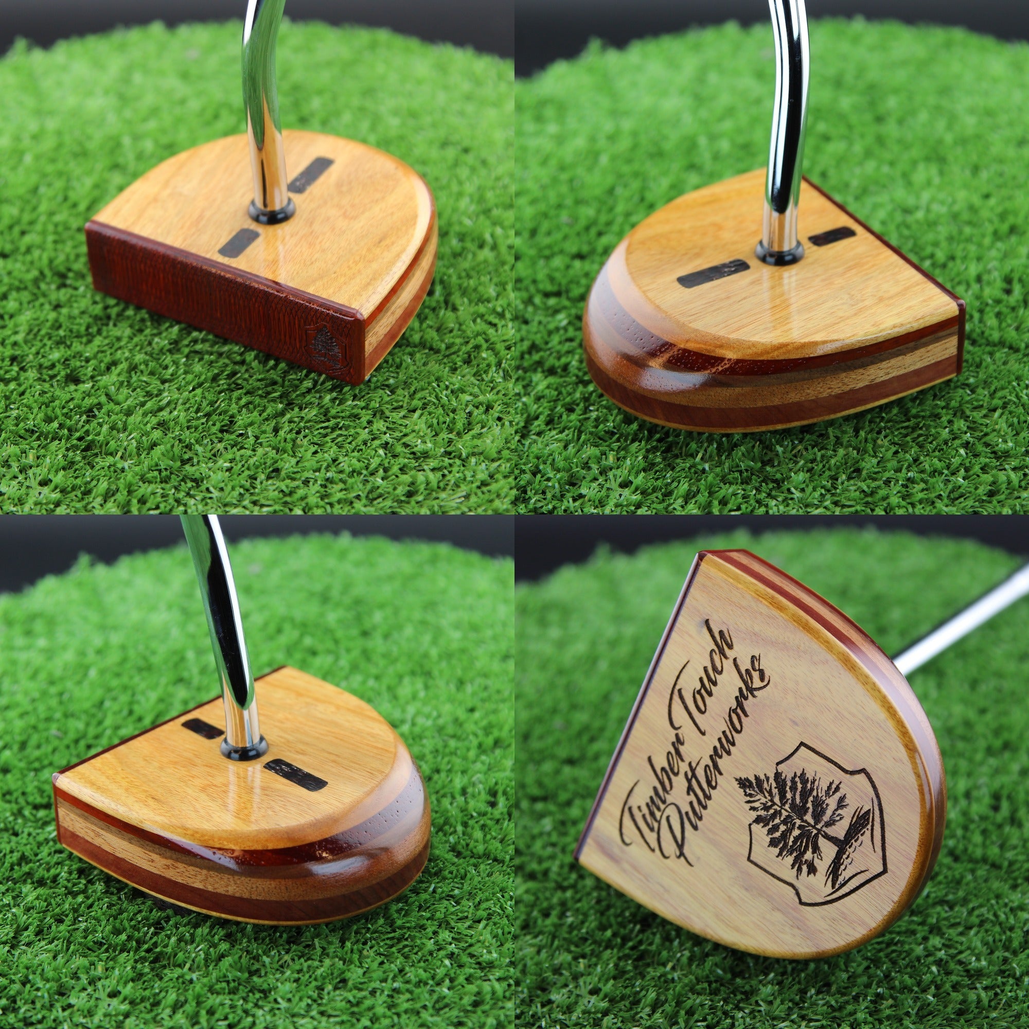 TimberTouch FATTY mallet wood putter with Canarywood, Mahogany and Padauk center shaft zero torque – product collage