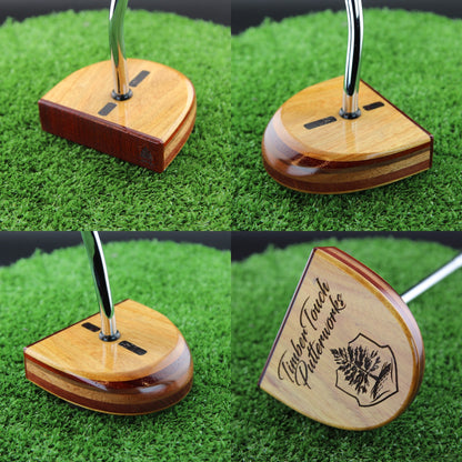 TimberTouch FATTY mallet wood putter with Canarywood, Mahogany and Padauk center shaft zero torque – product collage