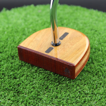 TimberTouch FATTY mallet wood putter with Canarywood, Mahogany and Padauk center shaft zero torque – face and heel angle view