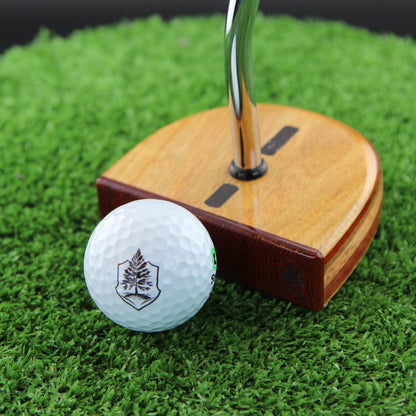 TimberTouch FATTY mallet wood putter with Canarywood, Mahogany and Padauk center shaft zero torque – face view with golf ball