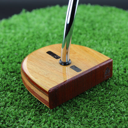 TimberTouch FATTY mallet wood putter with Canarywood, Mahogany and Padauk center shaft zero torque – heel view