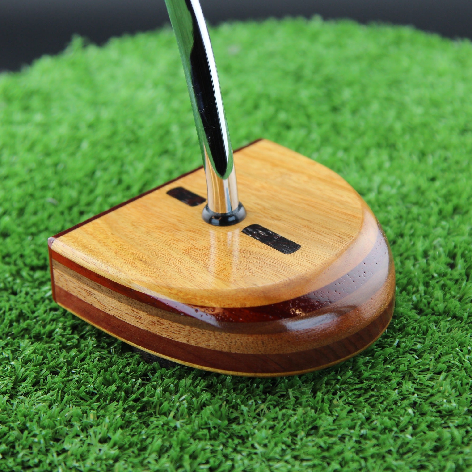 TimberTouch FATTY mallet wood putter with Canarywood, Mahogany and Padauk center shaft zero torque – sole and toe angle view