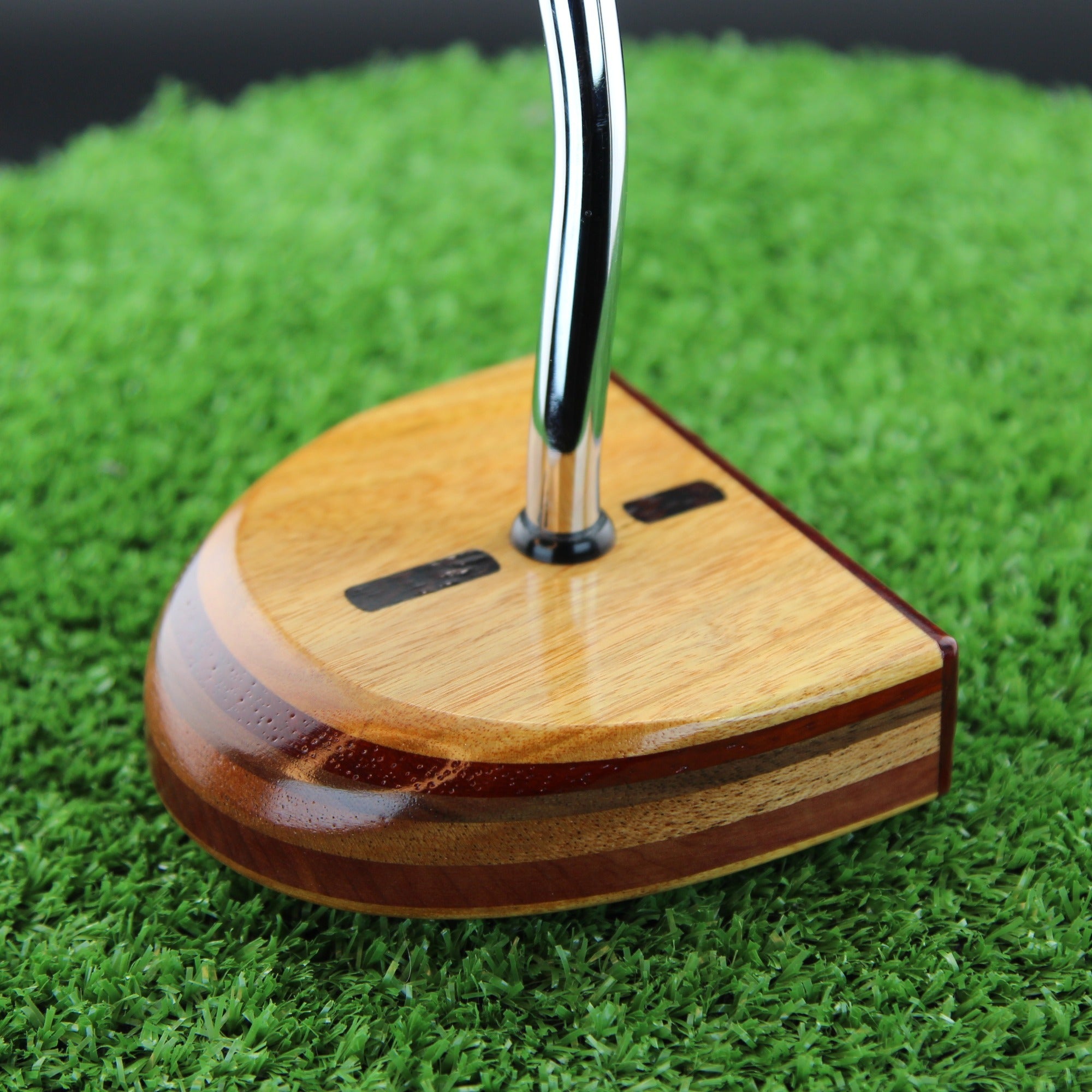 TimberTouch FATTY mallet wood putter with Canarywood, Mahogany and Padauk center shaft zero torque – toe and heel angle view