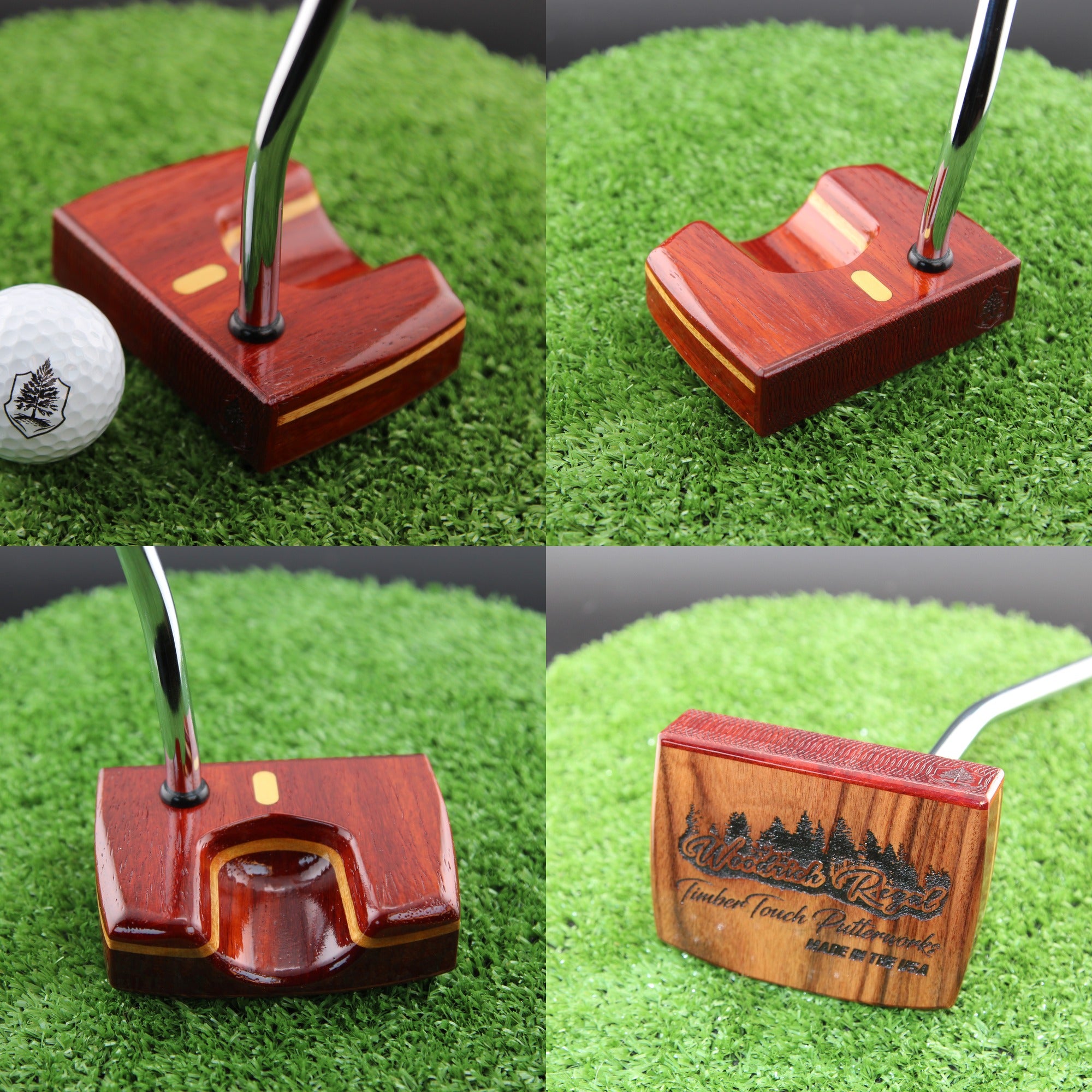 TimberTouch Woodrich putter in Padauk, Walnut and Canarywood - photo collage