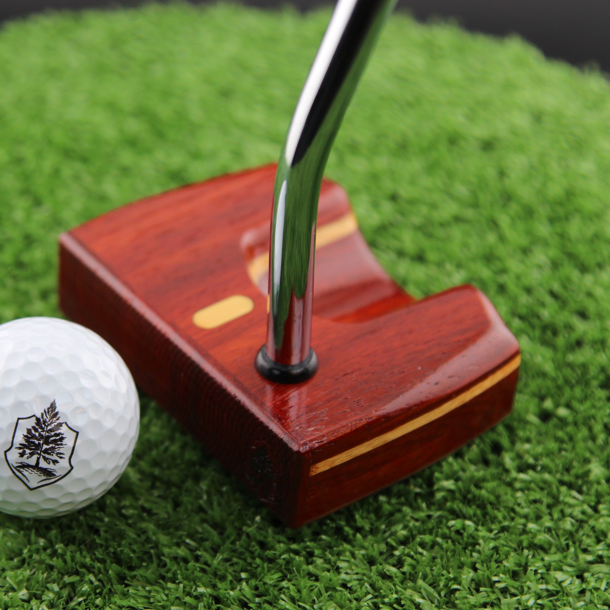 TimberTouch Woodrich putter in Padauk, Walnut and Canarywood - face view at address with golf ball
